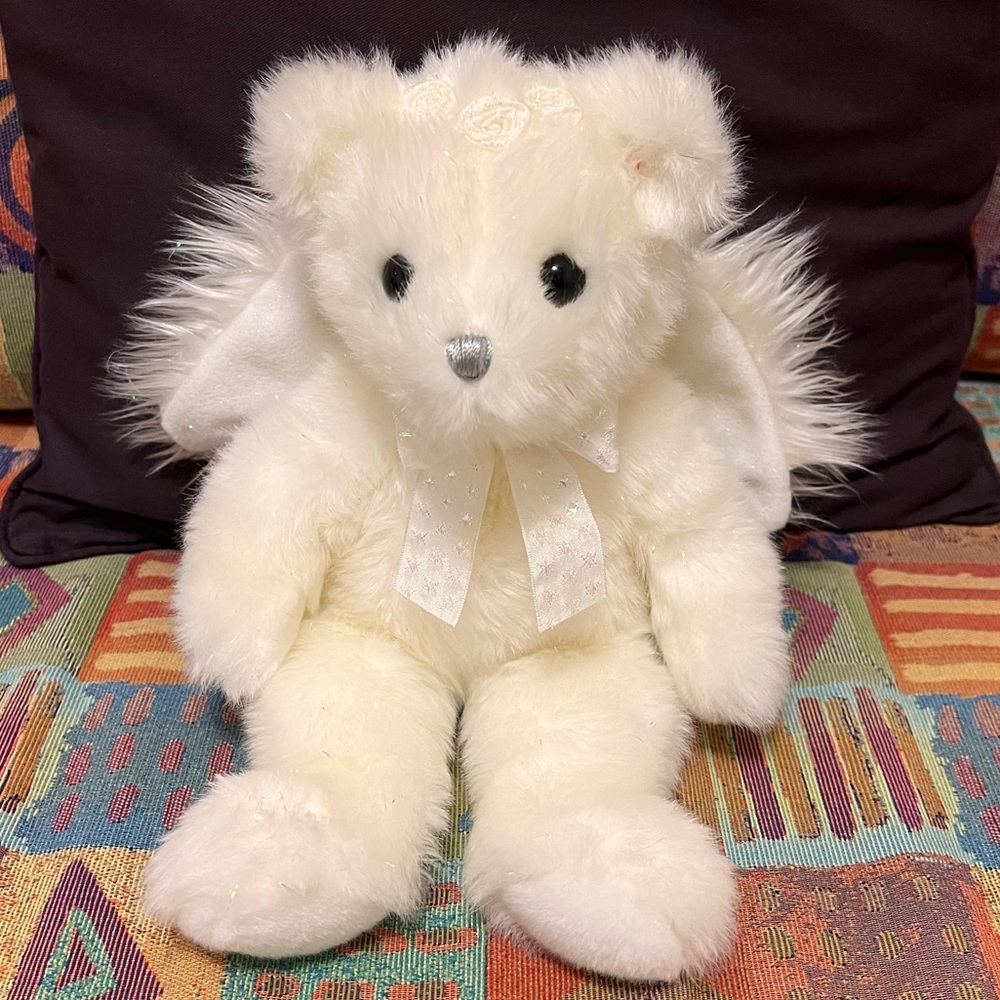 Vintage Ty Angelina Plush Beanie 13” White w Feather wings sparkles Angel 2002